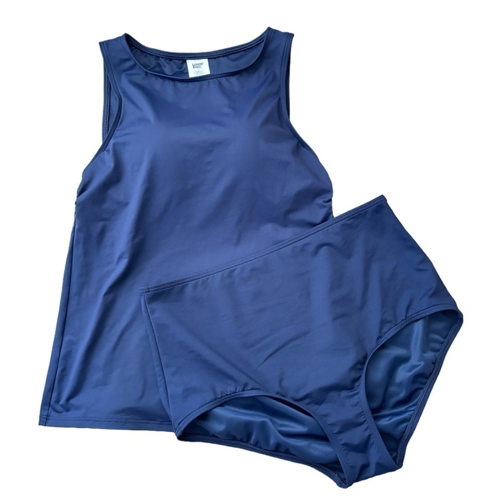 Lands End Tankini Swimsuit Sz 8/10 Navy Blue High Waist High Neck Modest Beach